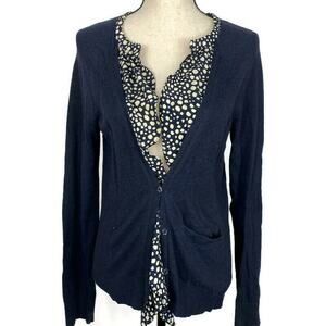 Anthropologie Monogram Ruffle Cardigan HWR Navy Blue Polka Dot Womens Sz Med